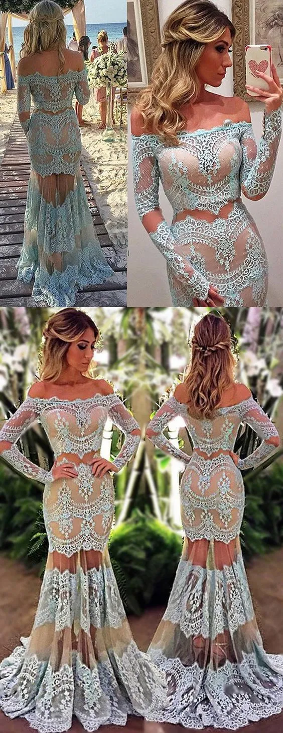 Sexy Evening Dress Lace Light Blue Off Shoulders Prom Dress