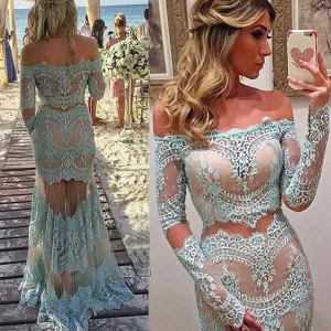 Sexy Evening Dress Lace Light Blue Off Shoulders Prom Dress