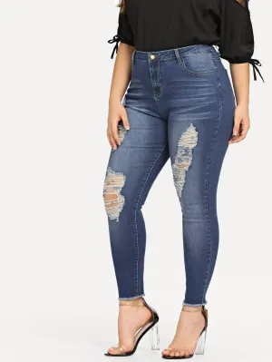 SHEIN Plus Shredded Front Raw Hem Jeans