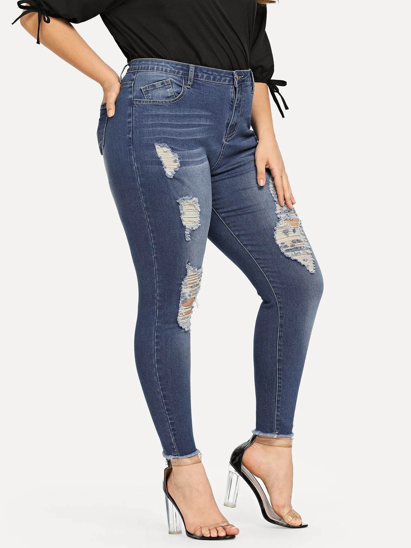 SHEIN Plus Shredded Front Raw Hem Jeans