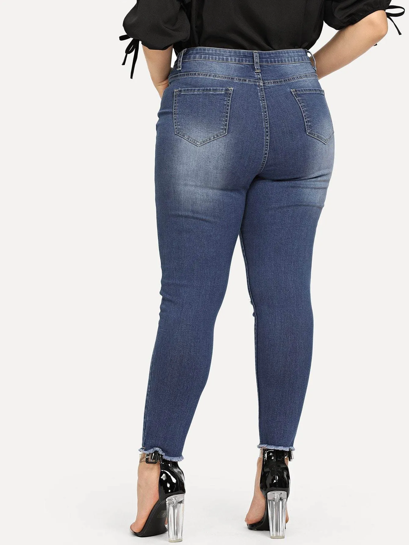 SHEIN Plus Shredded Front Raw Hem Jeans