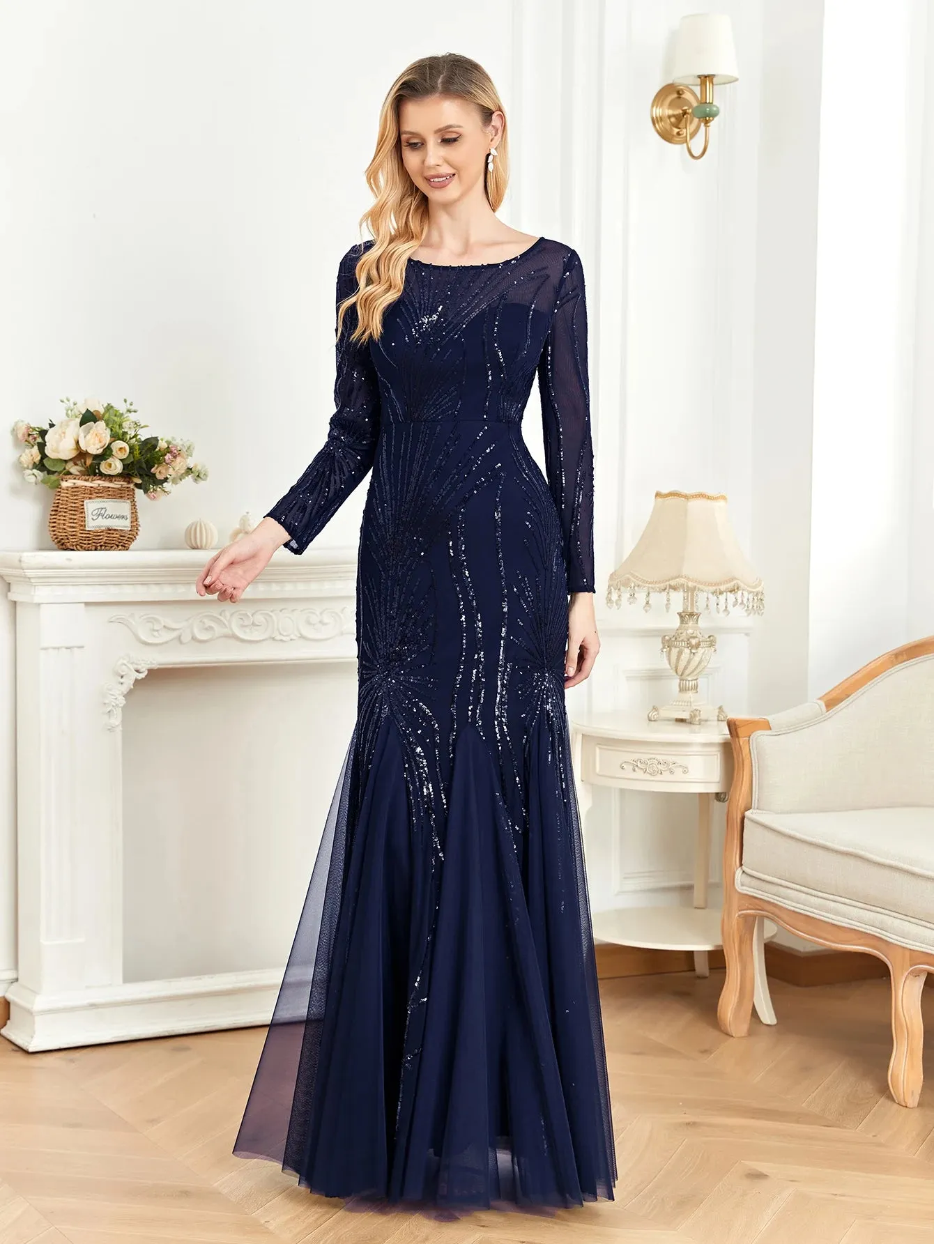 Shining Tulle Long Sleeves Women's Evening Maxi Dress