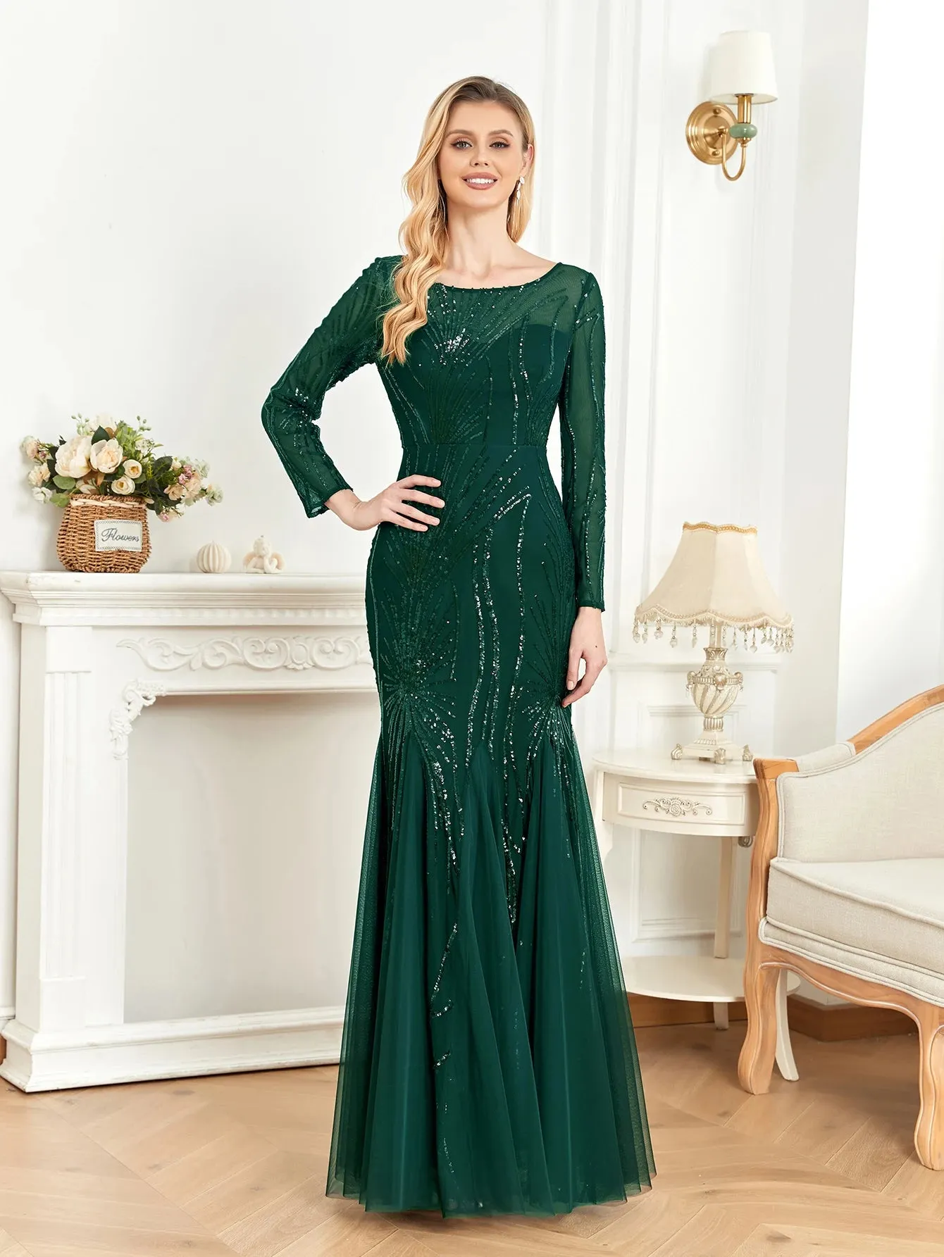 Shining Tulle Long Sleeves Women's Evening Maxi Dress