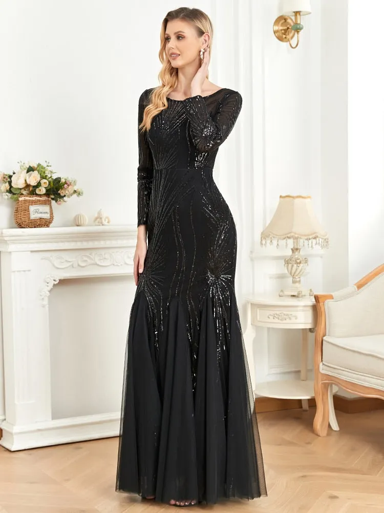 Shining Tulle Long Sleeves Women's Evening Maxi Dress