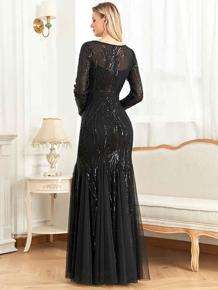 Shining Tulle Long Sleeves Women's Evening Maxi Dress