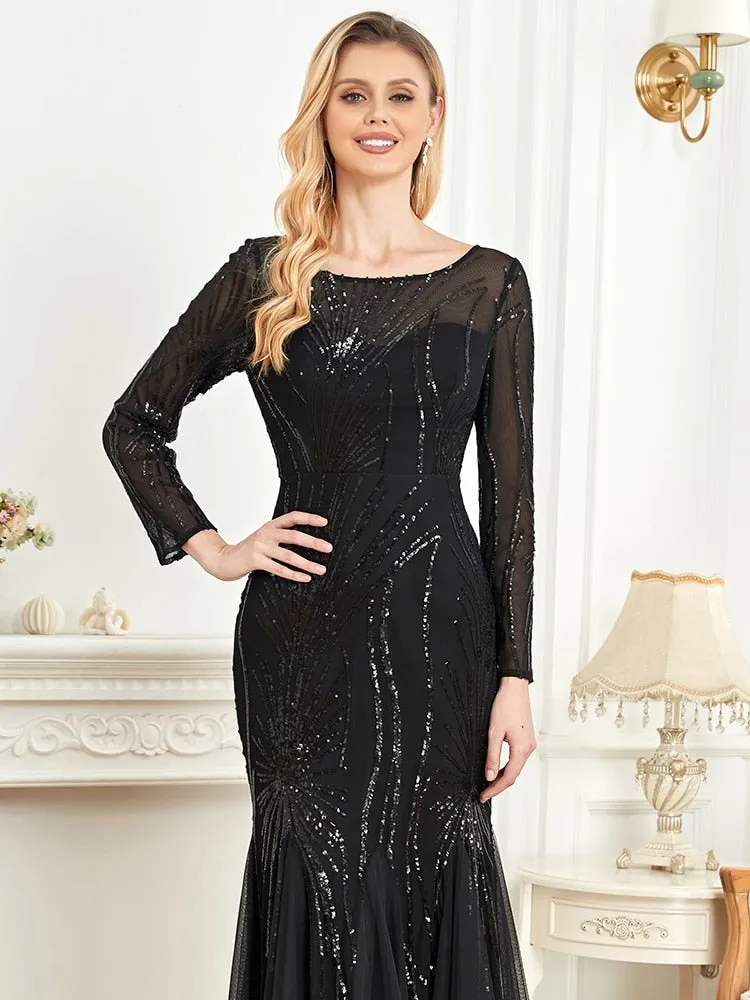 Shining Tulle Long Sleeves Women's Evening Maxi Dress