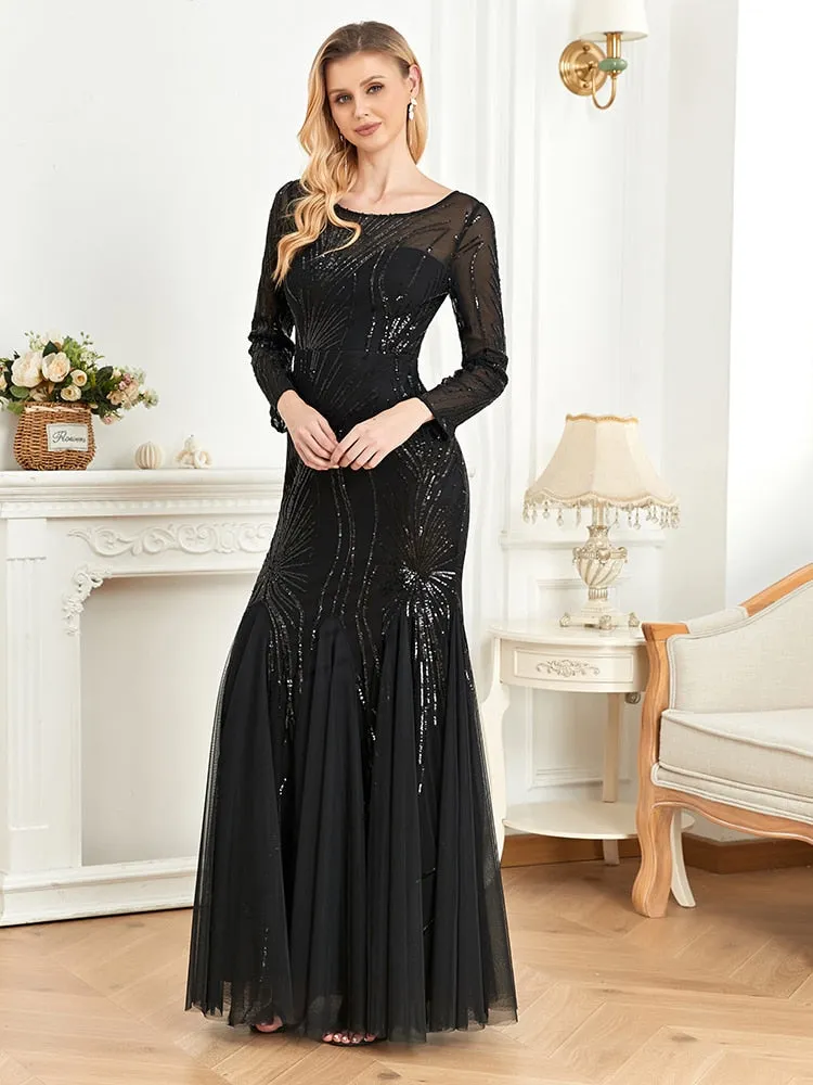 Shining Tulle Long Sleeves Women's Evening Maxi Dress