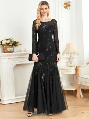 Shining Tulle Long Sleeves Women's Evening Maxi Dress