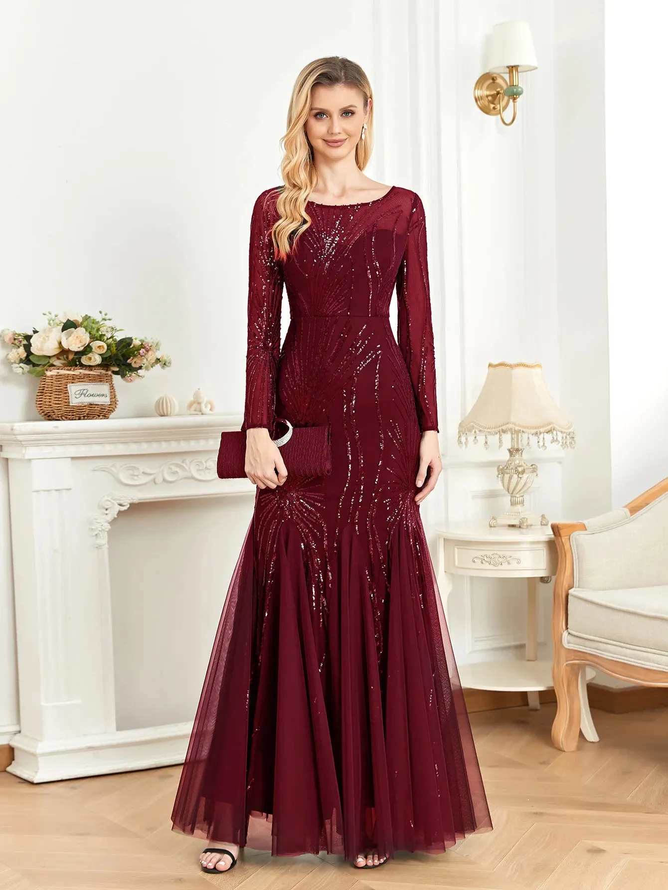 Shining Tulle Long Sleeves Women's Evening Maxi Dress