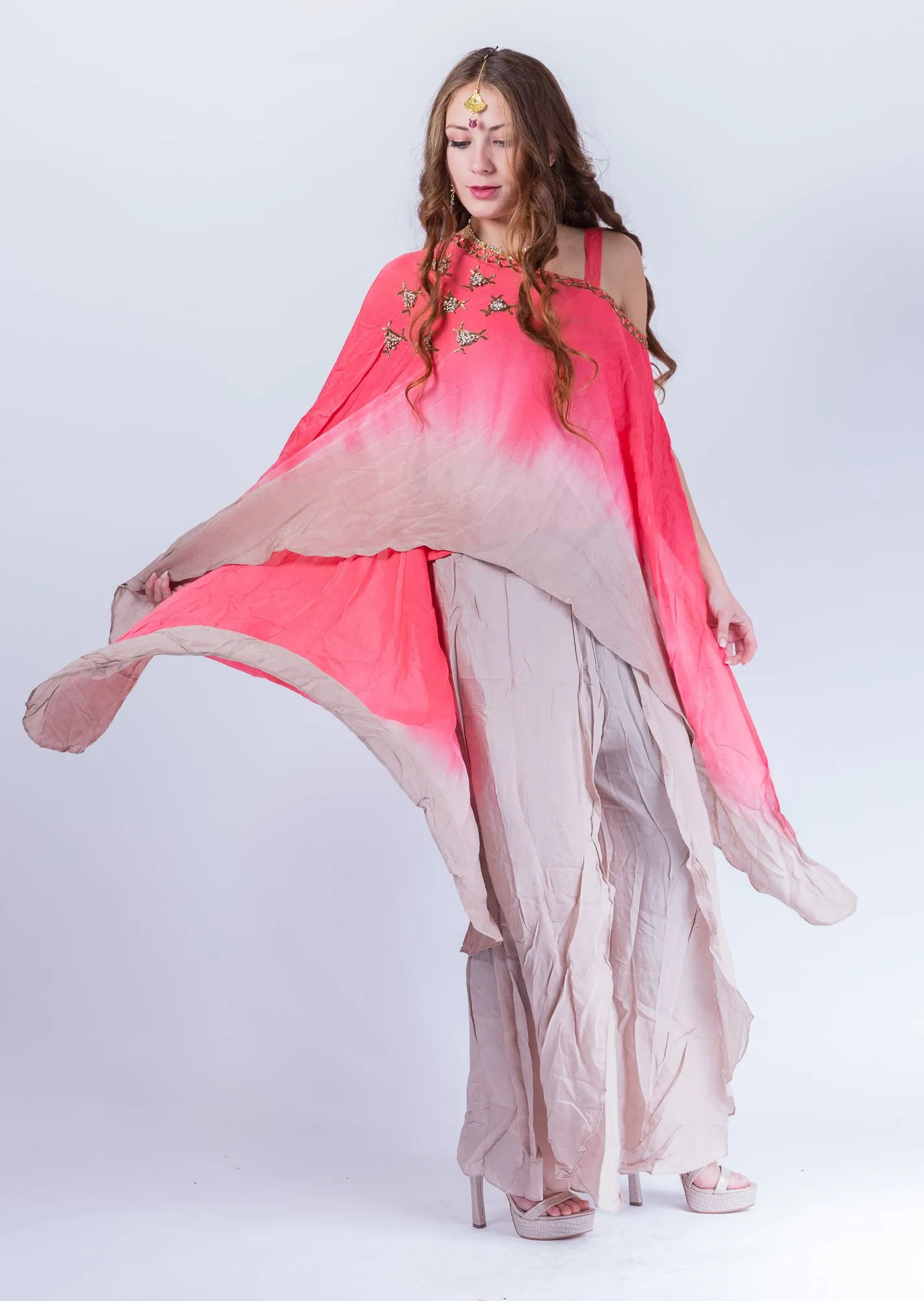 Silk Smoke Grey Palazzo Pants With cape Kind Set