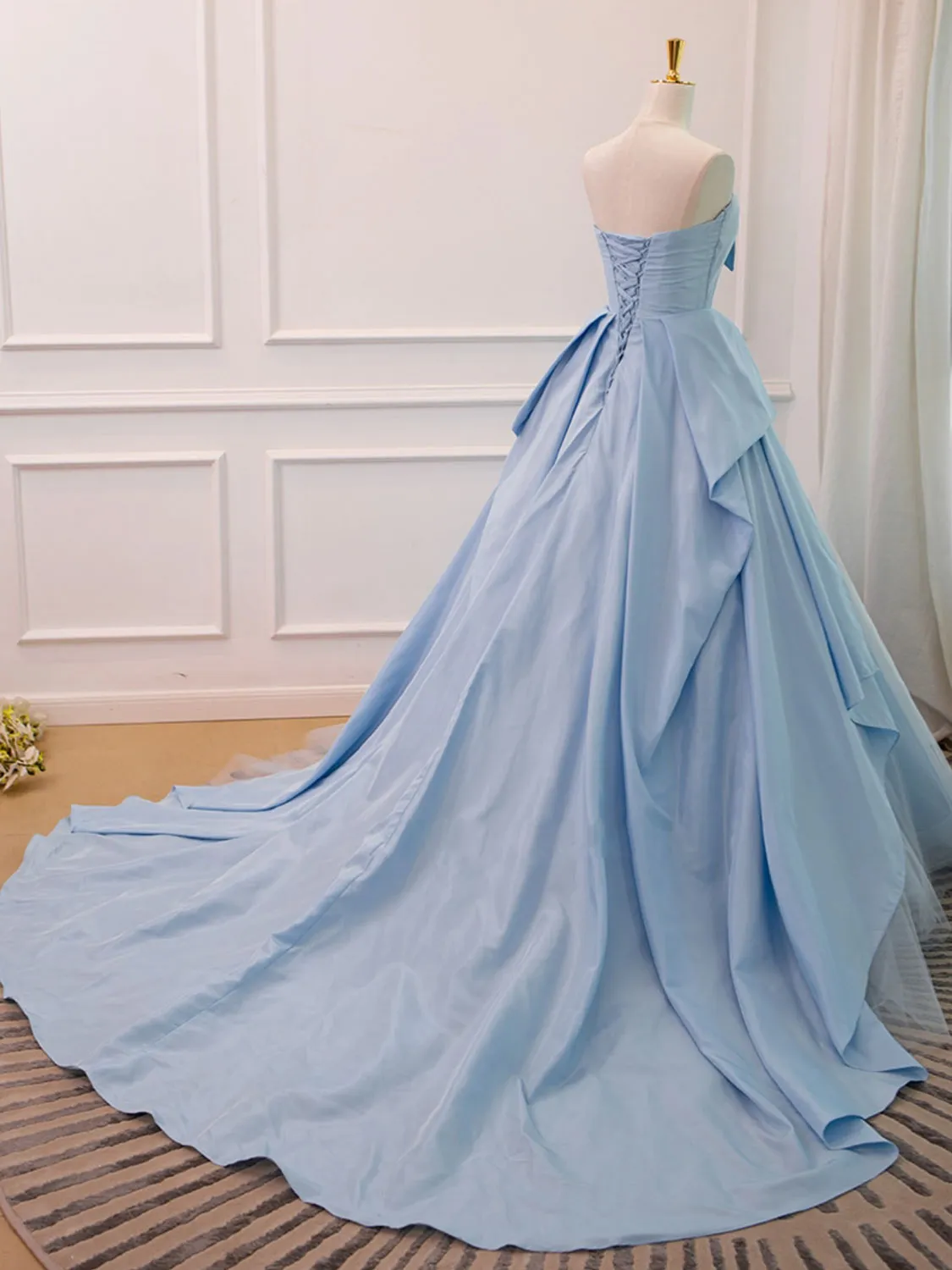 Sky Blue Strapless Ball Gown Ruched Prom Dress Formal Dress