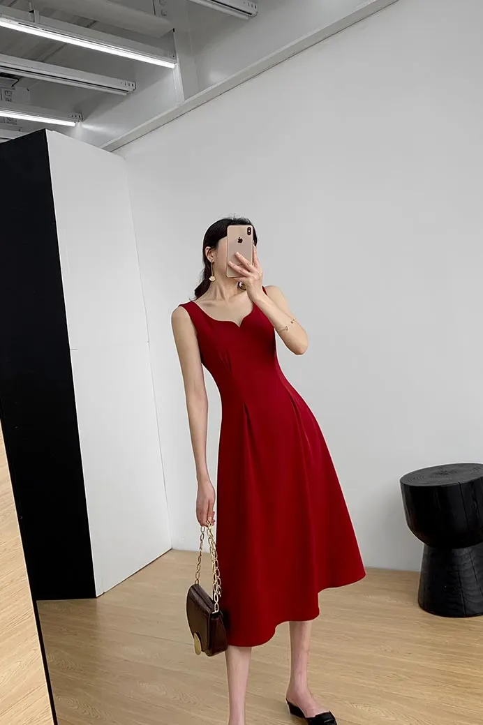 Sleeveless v-neck wine tone slim a-line midi dress 190214