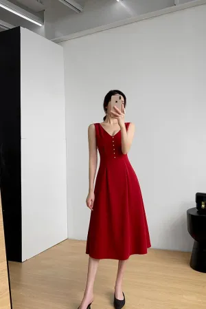 Sleeveless v-neck wine tone slim a-line midi dress 190214