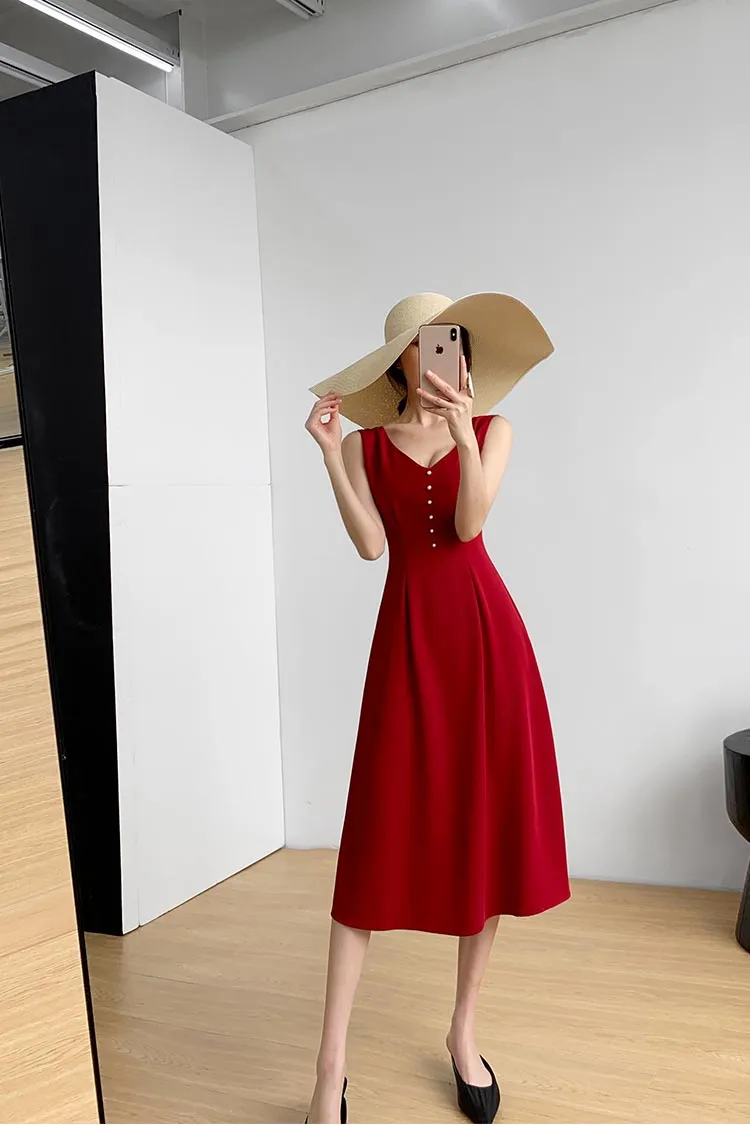 Sleeveless v-neck wine tone slim a-line midi dress 190214