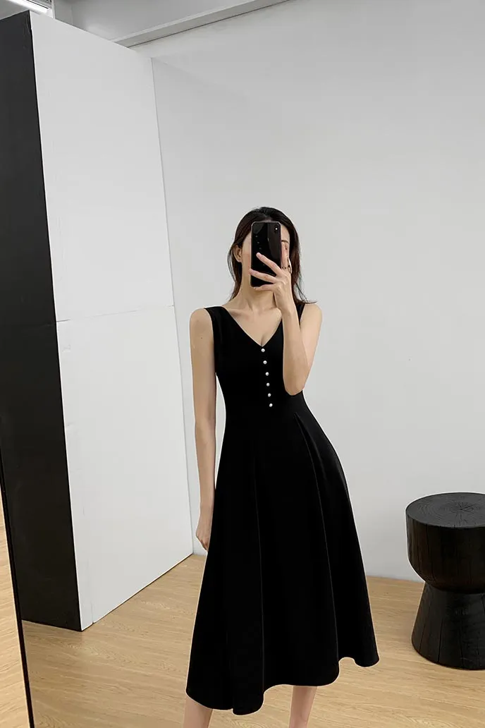 Sleeveless v-neck wine tone slim a-line midi dress 190214