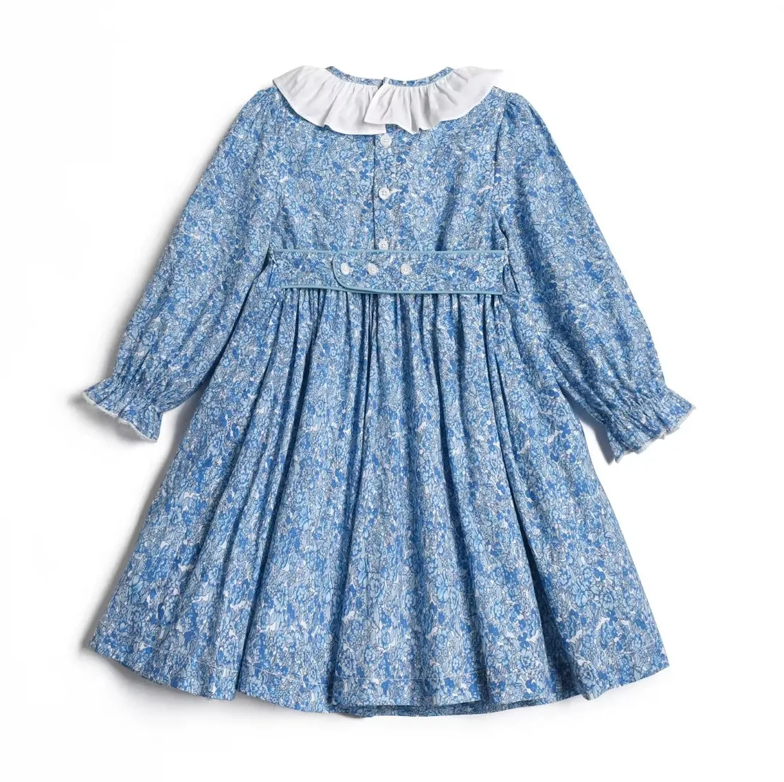 Smocked Girl's blue floral long sleeved dress