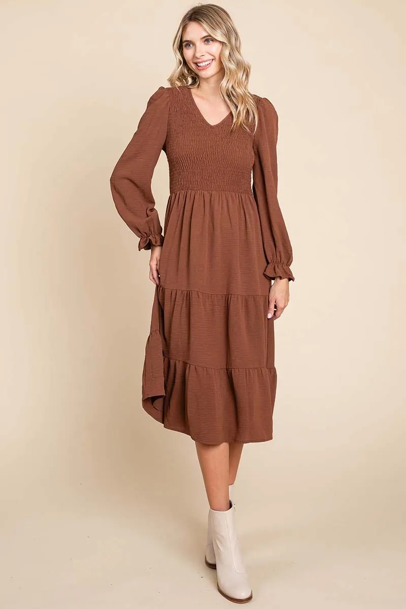 Smocked V neck Long Puff Sleeve Tiered Dress, S-3X