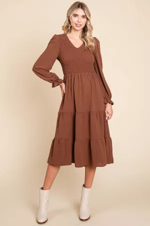 Smocked V neck Long Puff Sleeve Tiered Dress, S-3X