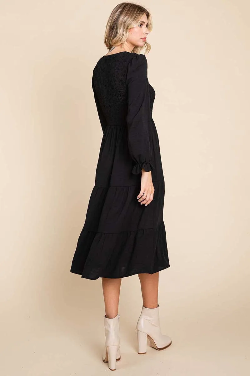 Smocked V neck Long Puff Sleeve Tiered Dress, S-3X