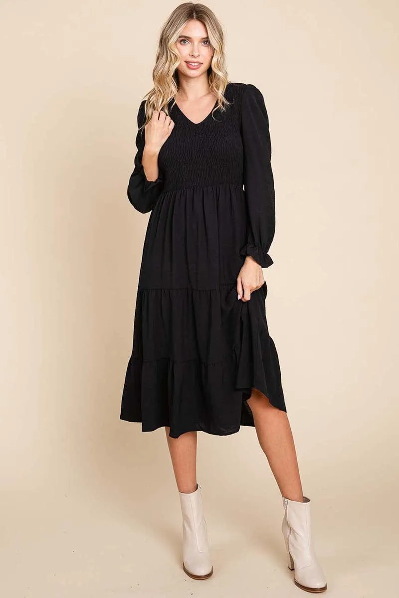 Smocked V neck Long Puff Sleeve Tiered Dress, S-3X