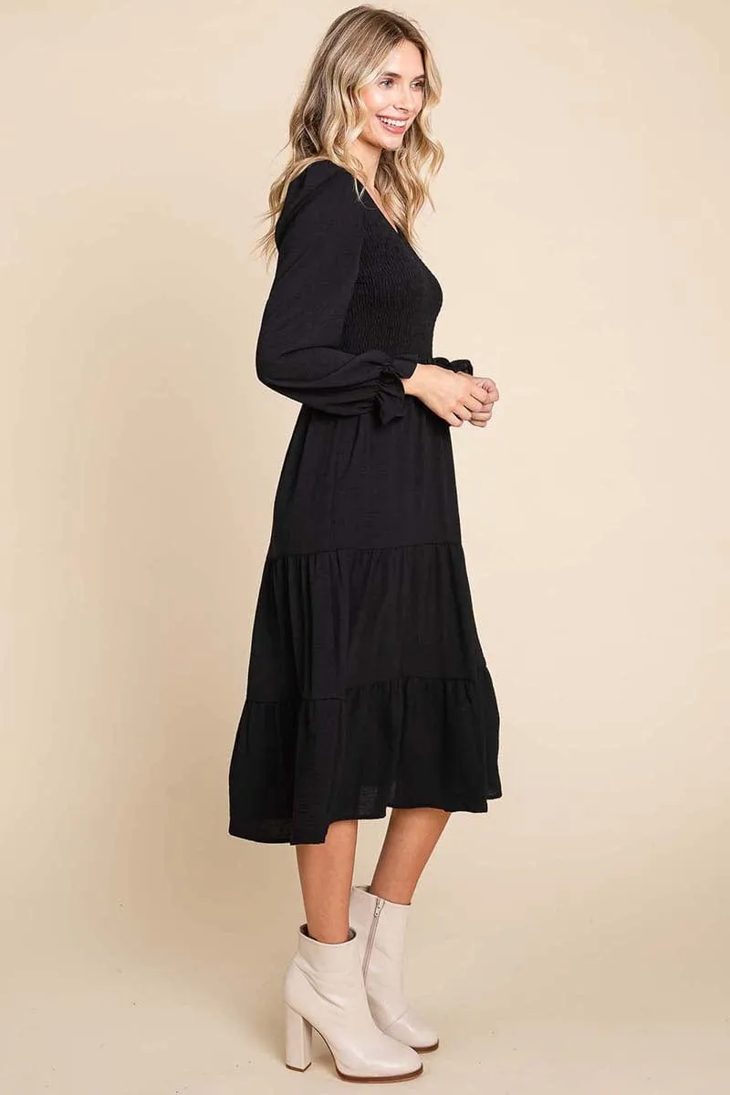 Smocked V neck Long Puff Sleeve Tiered Dress, S-3X