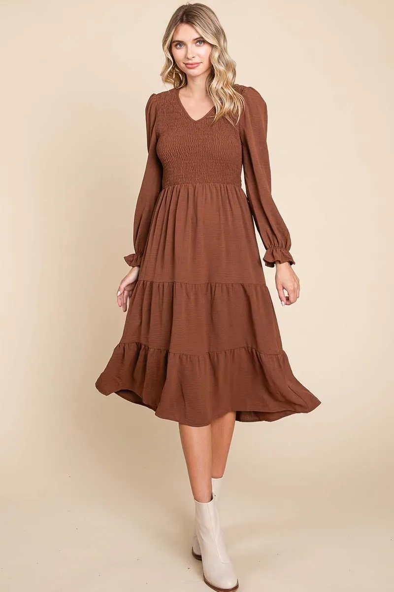 Smocked V neck Long Puff Sleeve Tiered Dress, S-3X