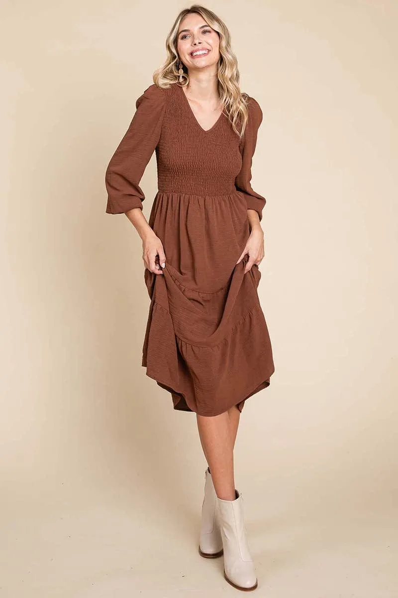 Smocked V neck Long Puff Sleeve Tiered Dress, S-3X