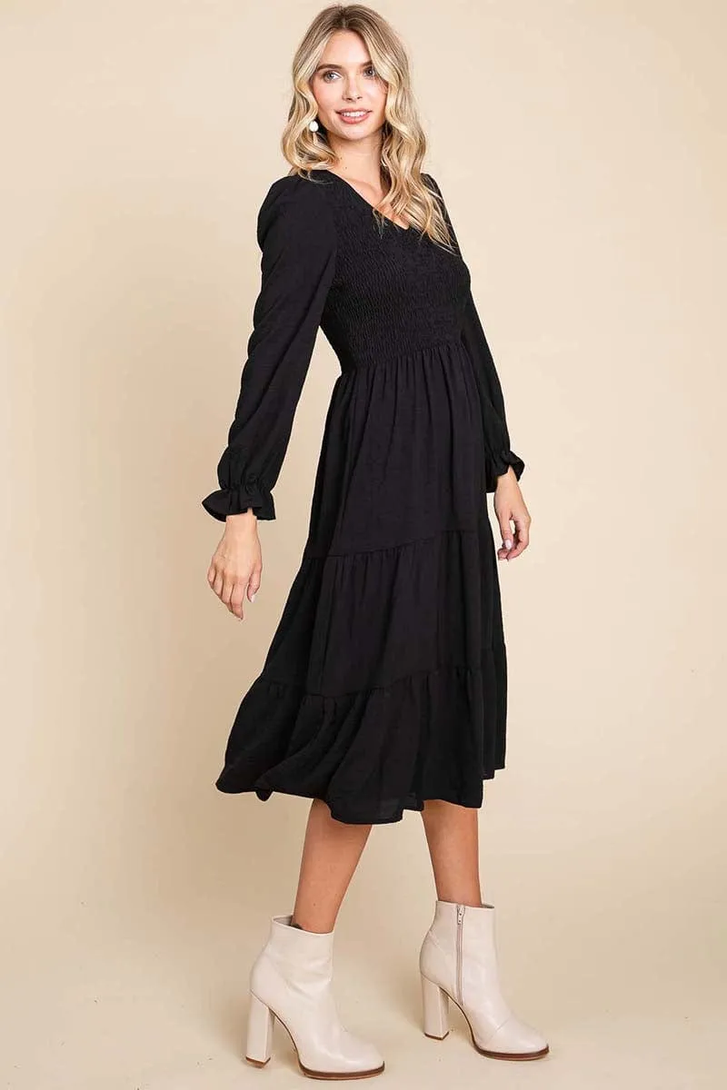 Smocked V neck Long Puff Sleeve Tiered Dress, S-3X