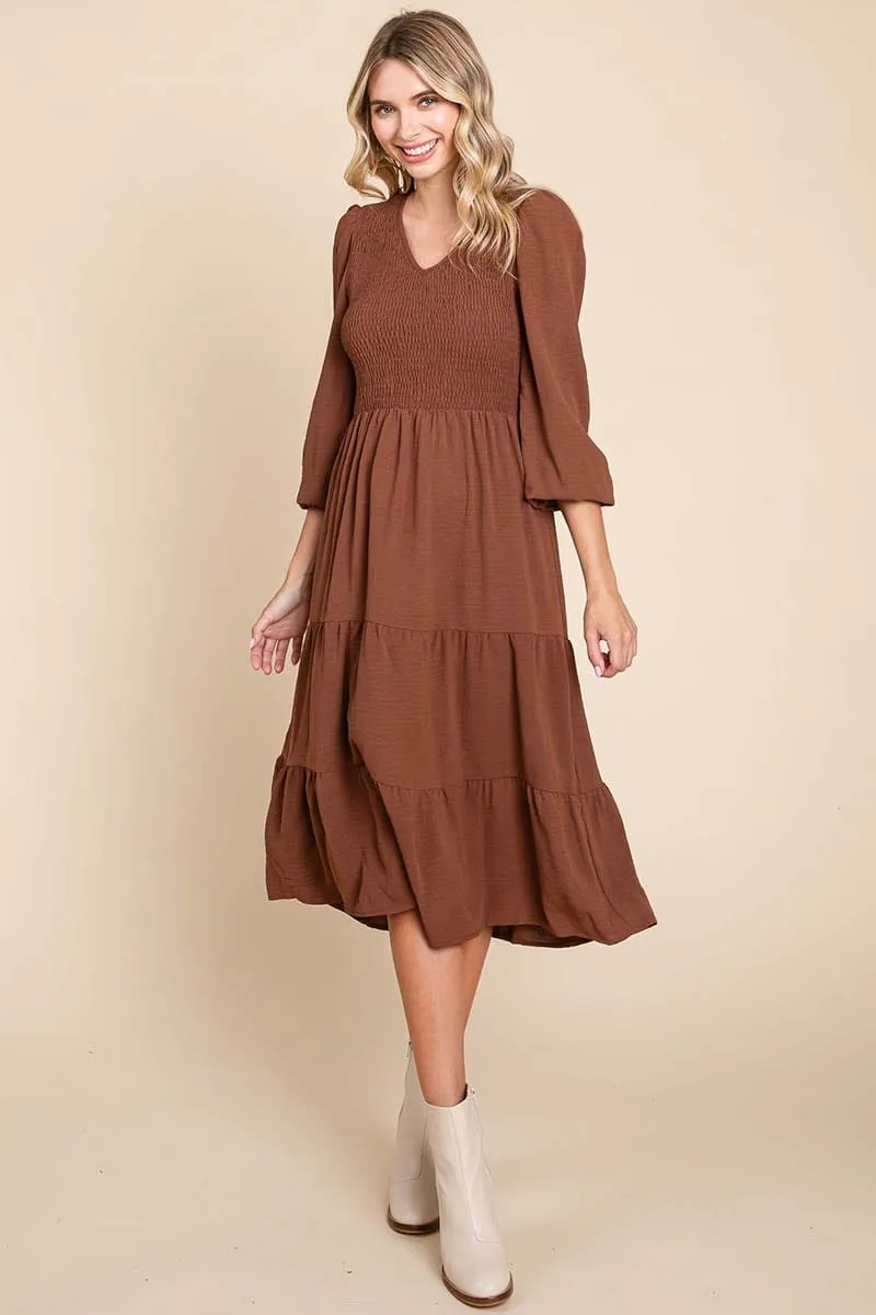 Smocked V neck Long Puff Sleeve Tiered Dress, S-3X