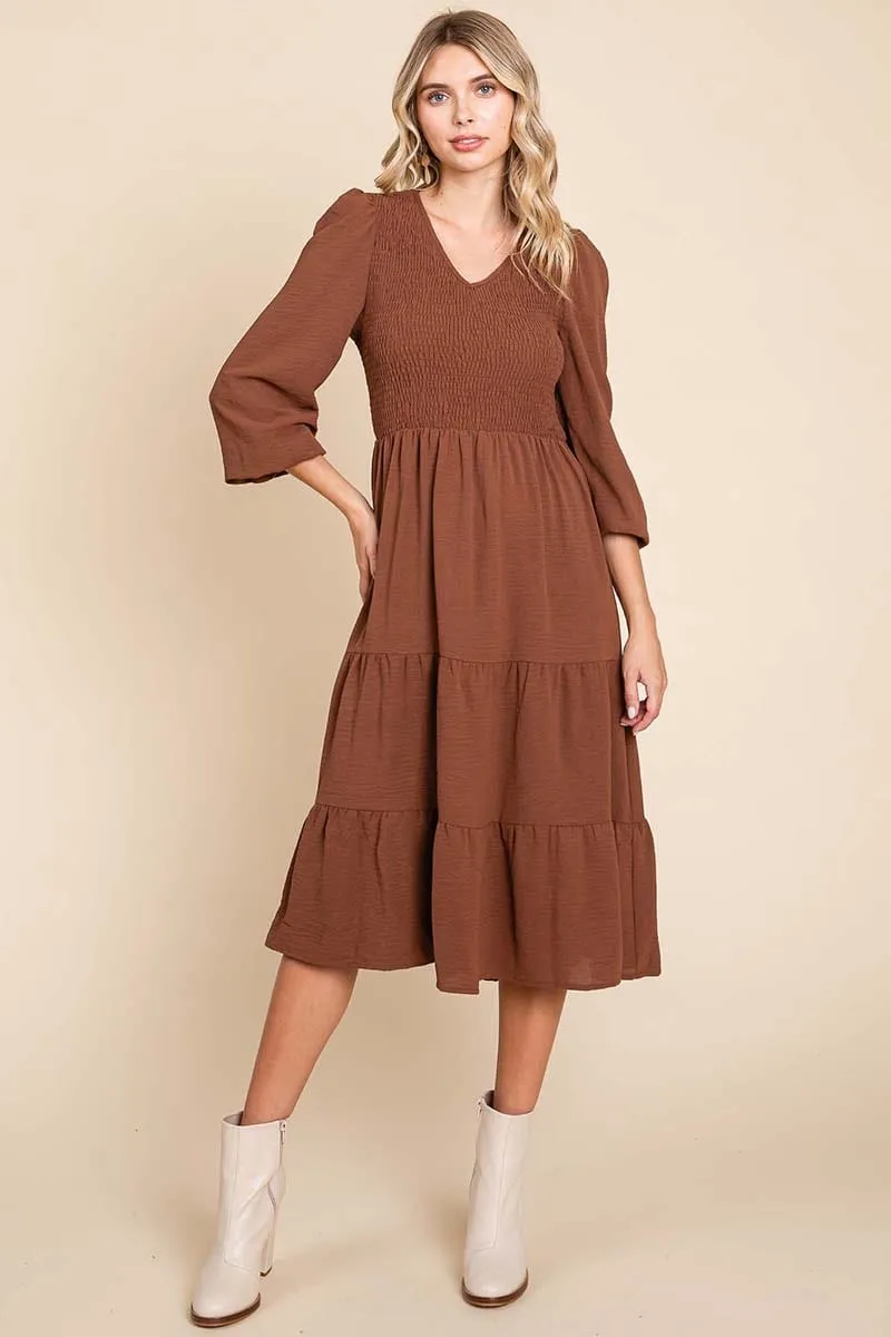 Smocked V neck Long Puff Sleeve Tiered Dress, S-3X