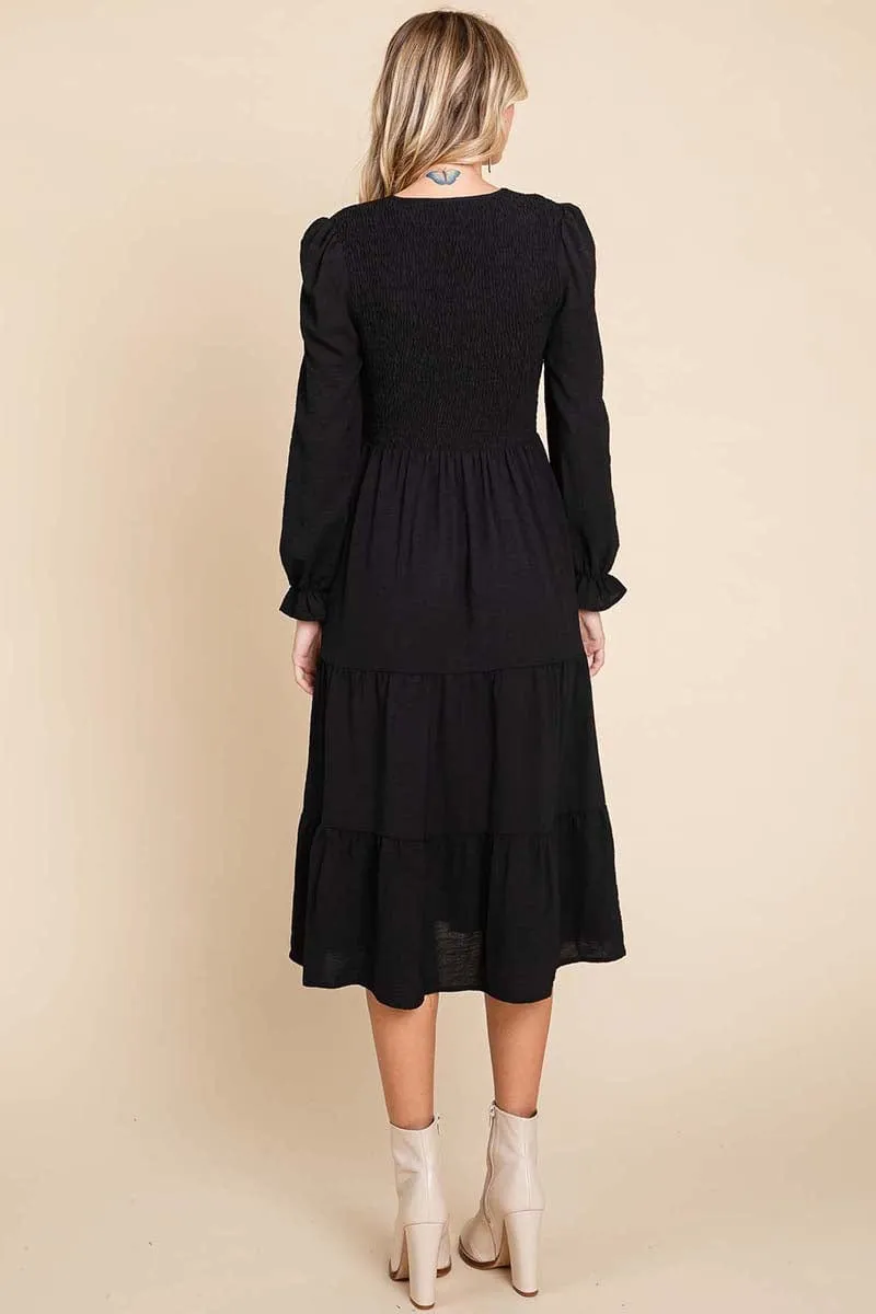 Smocked V neck Long Puff Sleeve Tiered Dress, S-3X