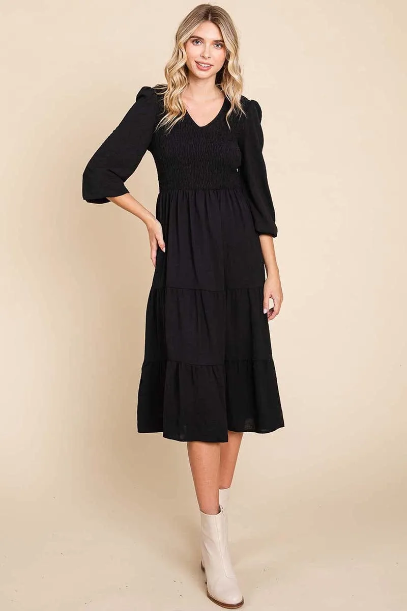 Smocked V neck Long Puff Sleeve Tiered Dress, S-3X