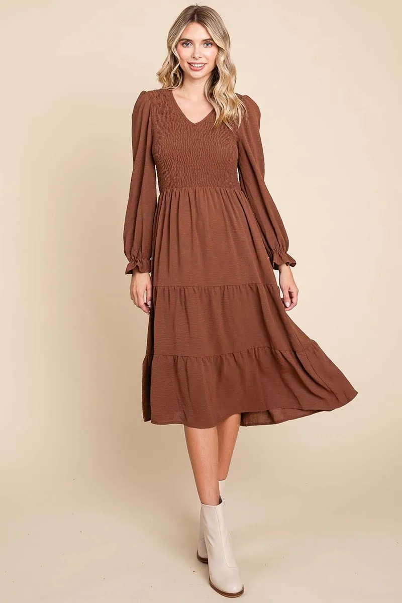 Smocked V neck Long Puff Sleeve Tiered Dress, S-3X