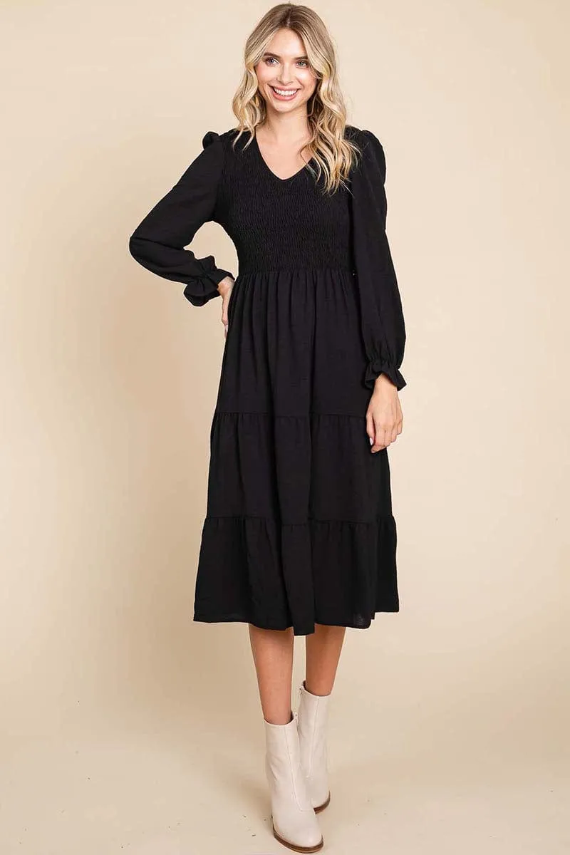 Smocked V neck Long Puff Sleeve Tiered Dress, S-3X