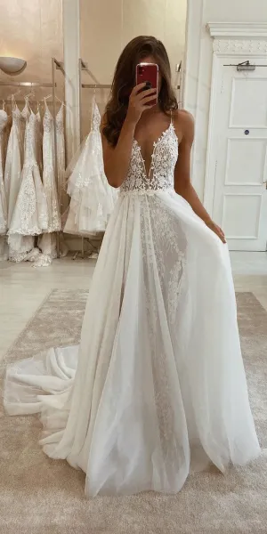 Spaghetti Straps Boho Lace Wedding Dress