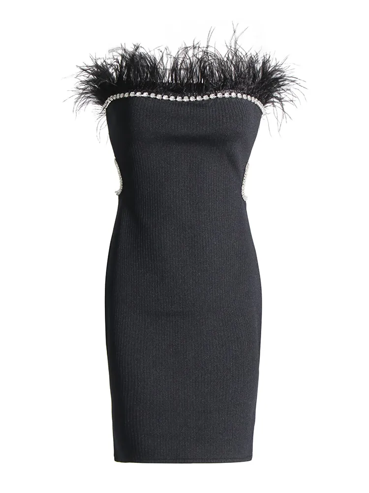 Spliced Feather Hollow Out Diamond Dress