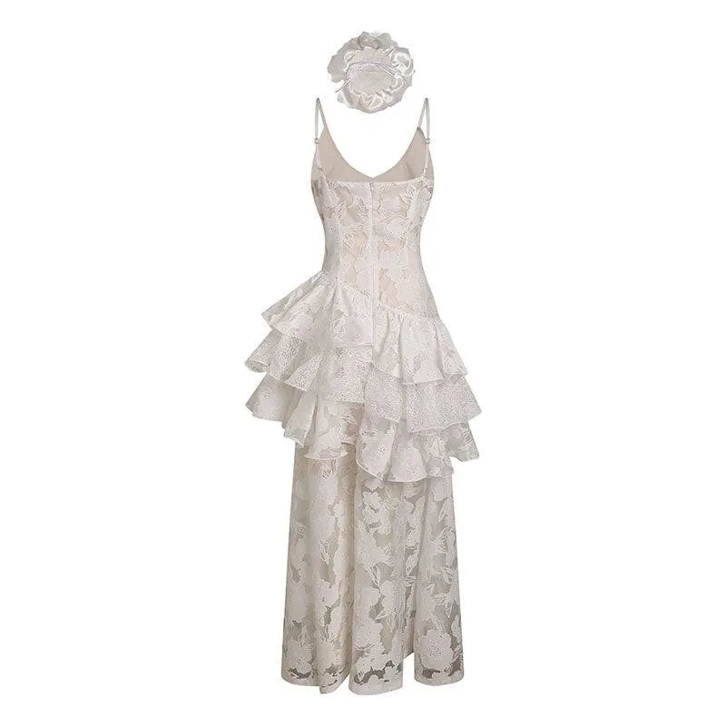 Stacy Ruffles and Lace Floral Vintage-inspired Silhouettes Maxi Dress