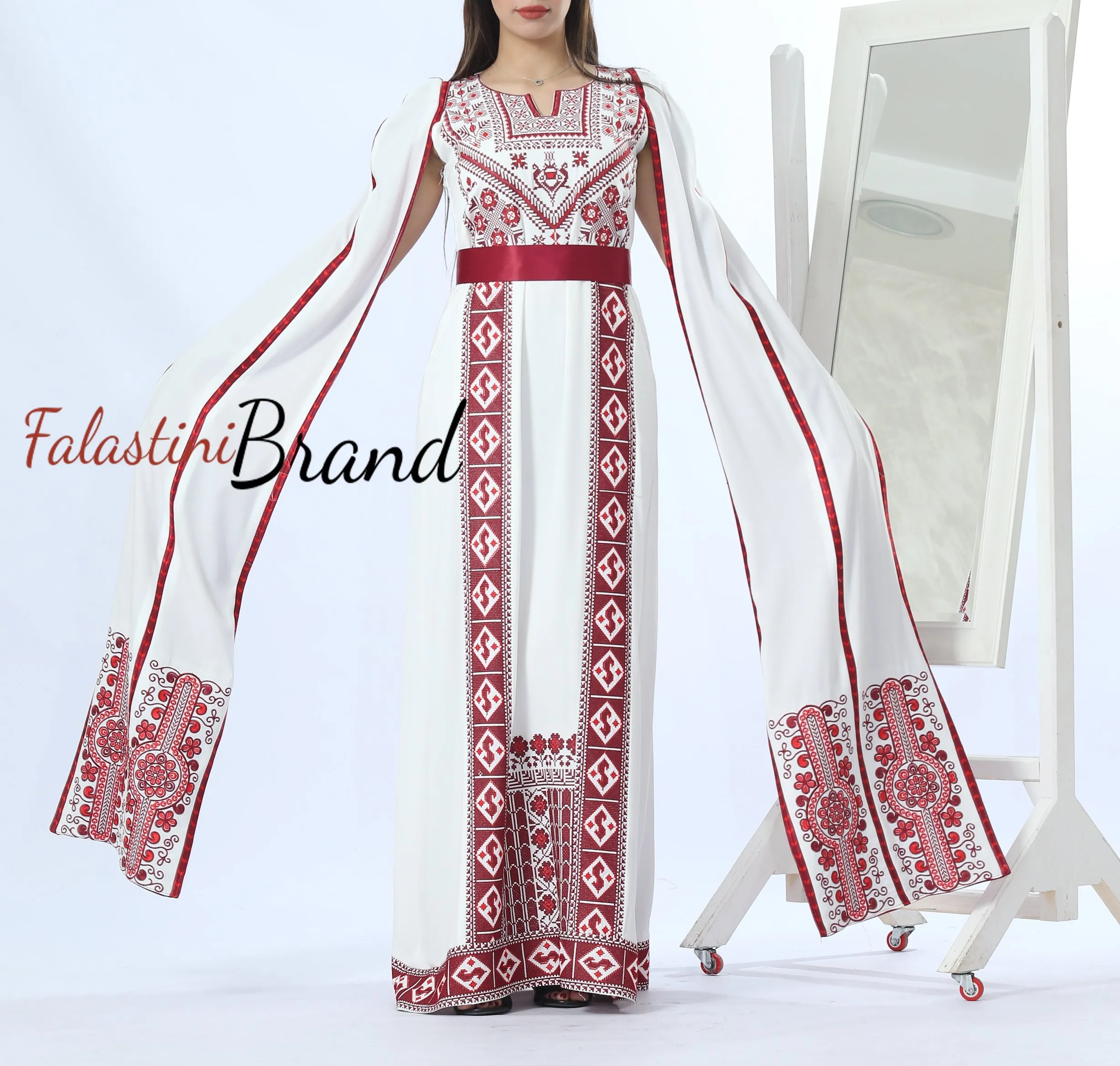 Stunning White And Burgundy Royal Sleeve Palestinian Embroidered Dress