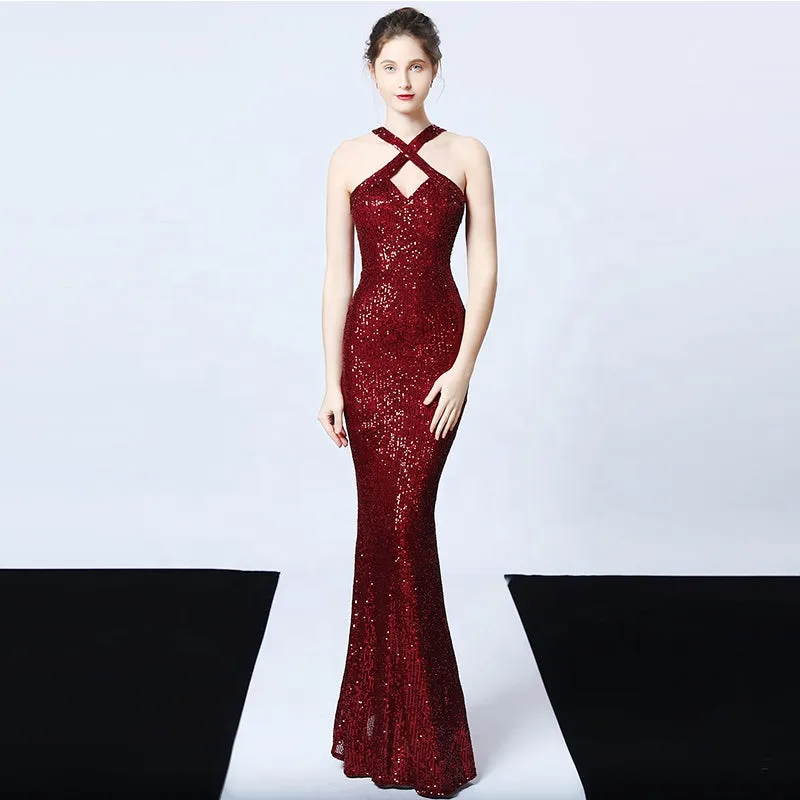 Summer criss-cross open back cut out 8 colors gorgeous ladies clothing formal maxi sequin long evening dresses for women