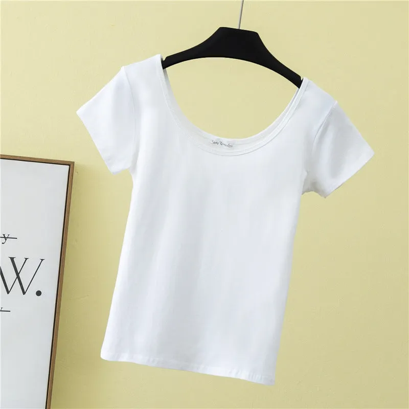 Summer slim fit large U-neck short-sleeved T-shirt