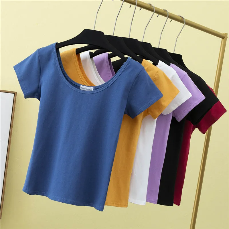 Summer slim fit large U-neck short-sleeved T-shirt