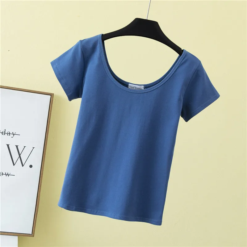 Summer slim fit large U-neck short-sleeved T-shirt