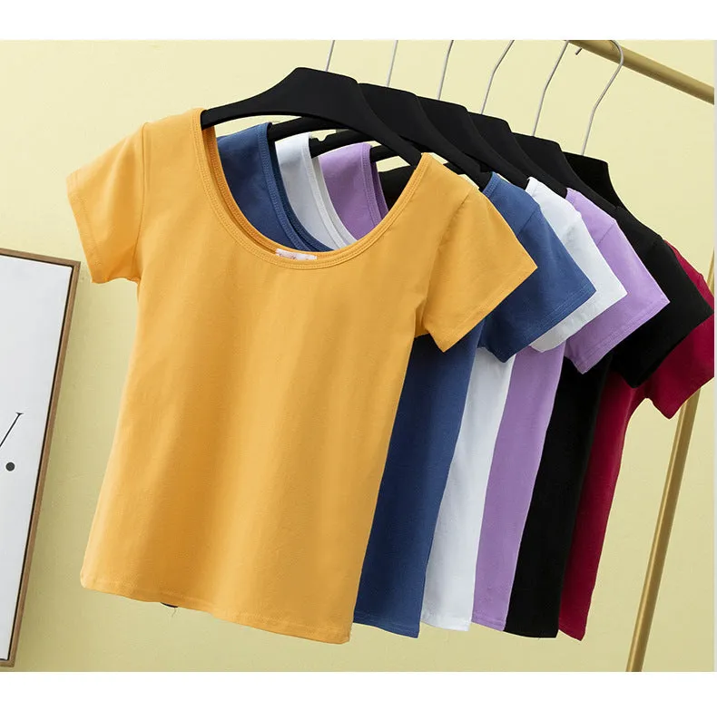 Summer slim fit large U-neck short-sleeved T-shirt