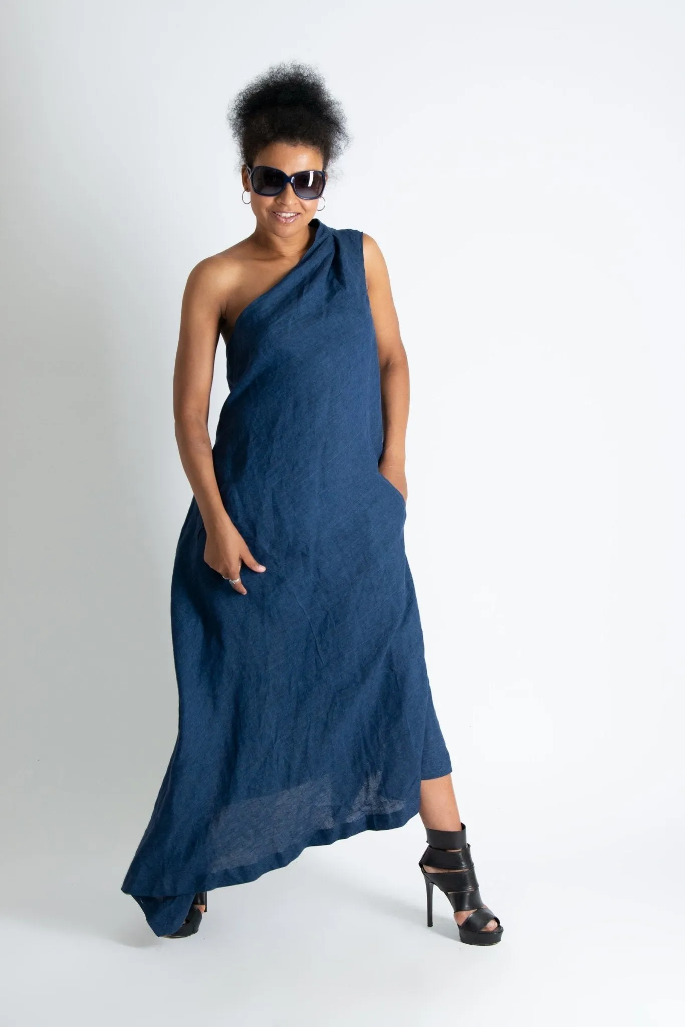 TIFFANY Navy Blue Linen Dress With One Shoulder