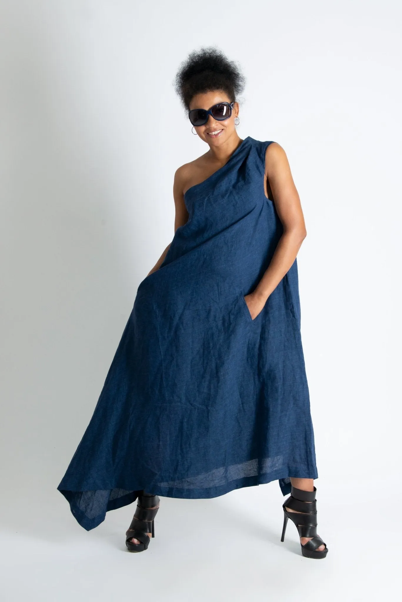 TIFFANY Navy Blue Linen Dress With One Shoulder