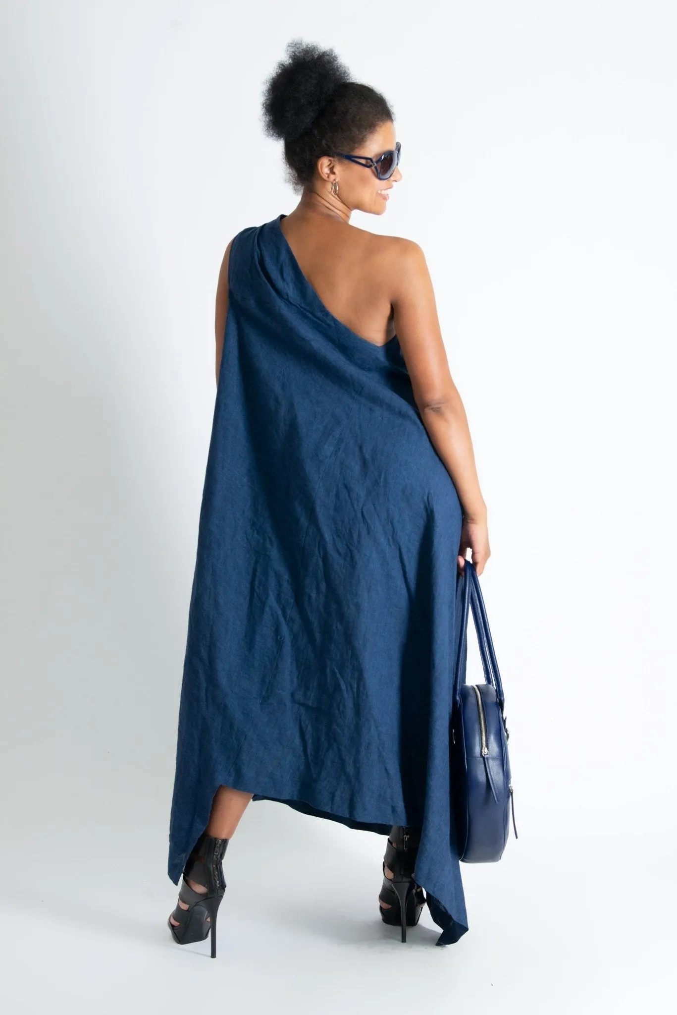 TIFFANY Navy Blue Linen Dress With One Shoulder