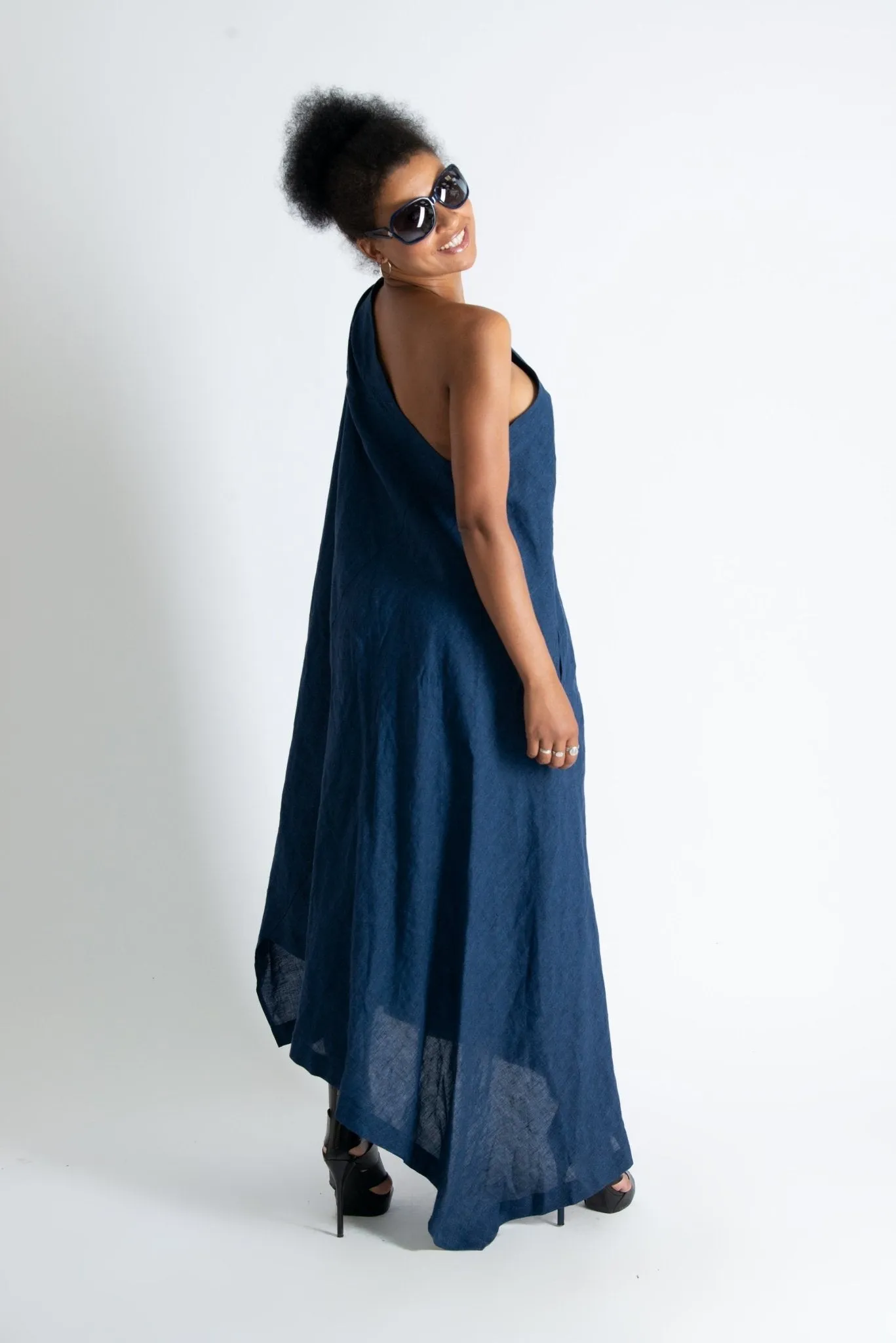 TIFFANY Navy Blue Linen Dress With One Shoulder