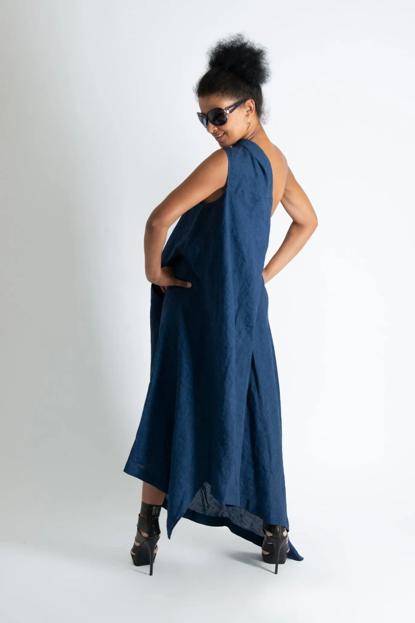 TIFFANY Navy Blue Linen Dress With One Shoulder