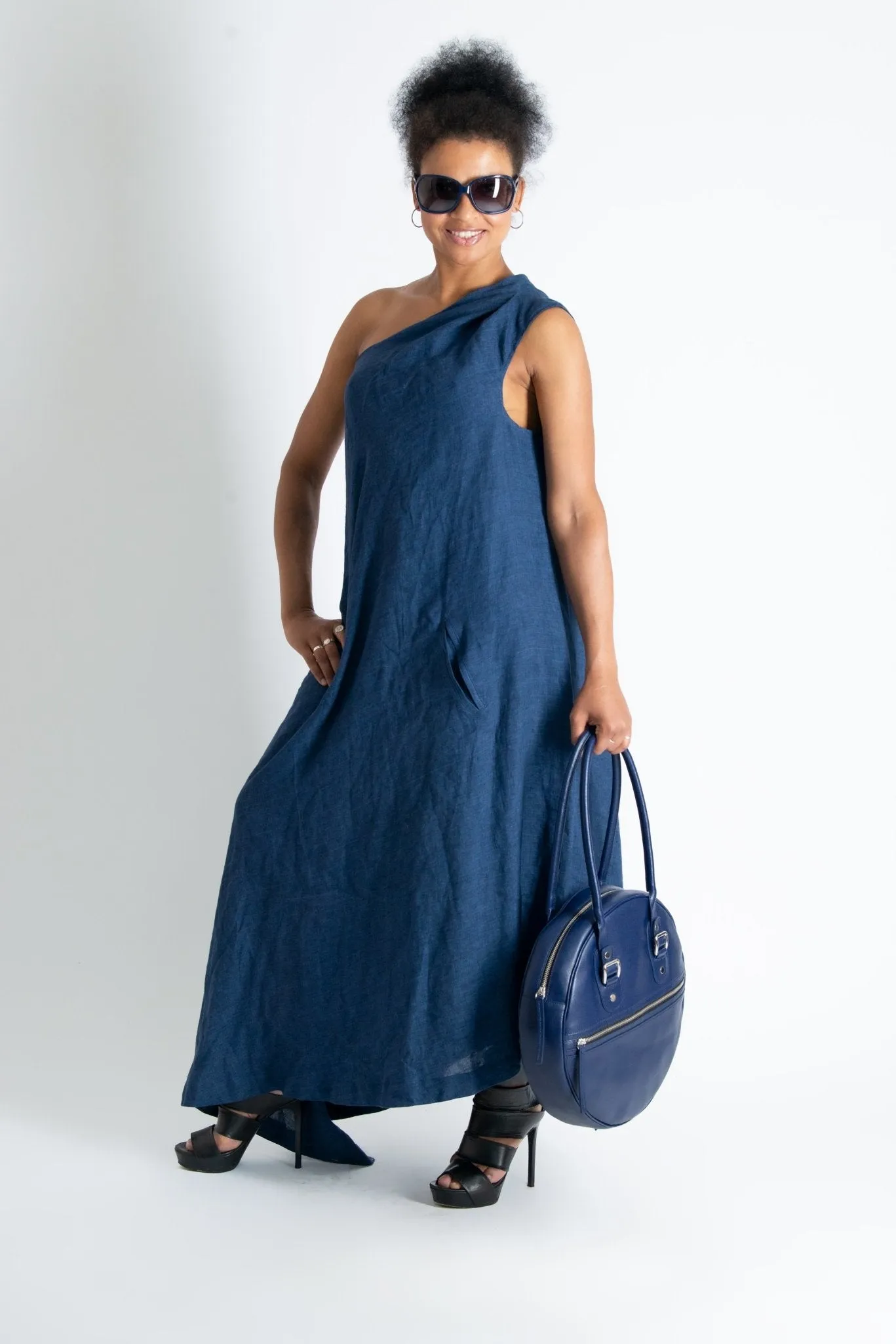 TIFFANY Navy Blue Linen Dress With One Shoulder