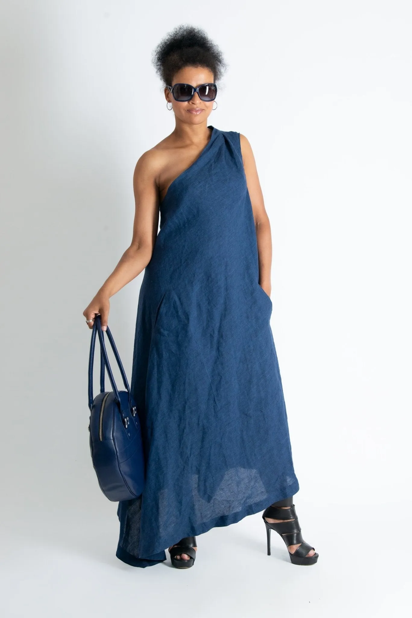 TIFFANY Navy Blue Linen Dress With One Shoulder